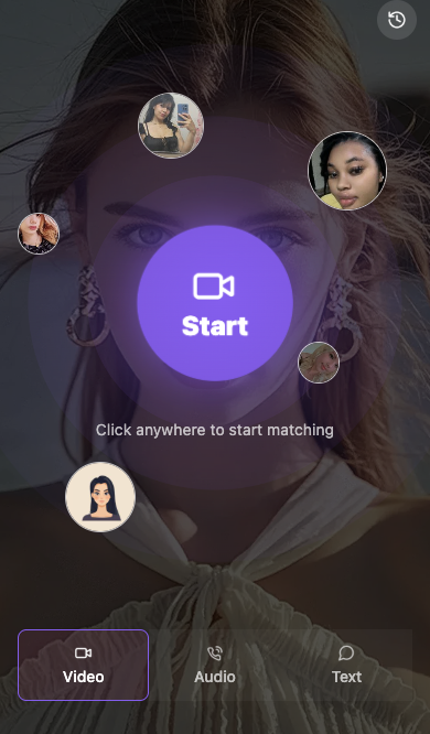 Chat USA match screen — Start button with Video, Audio and Text modes and live girls